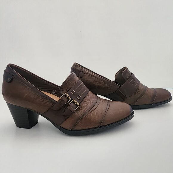 Earth Shoes Fir Pump Bootie Heels Double Monk Taupe Brown Leather size 10 B - Picture 3 of 9